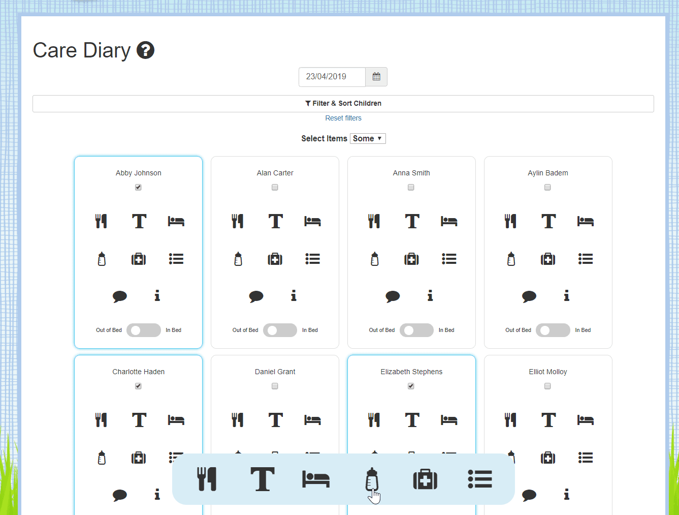 Care Diary home page with a few children selected