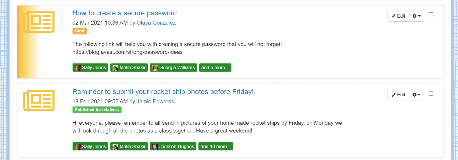Two examples of a memo. One linking to a site which helps you to set secure passwords, and one reminder to submit rocket ship photos before the deadline. 
