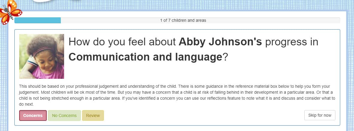 Guided view version of the Areas of Concern screen. This shows Tapestry asking the user how they feel about a specific child's progress in Communication and Language.