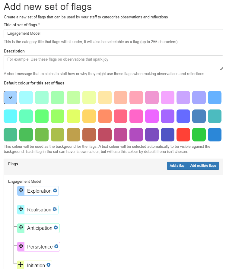 The interface for creating your own sets of flags. There are spaces for the title and a description, a colour picker so you can select which colour you would like your flags to be, then an area to add single or multiple flags. 