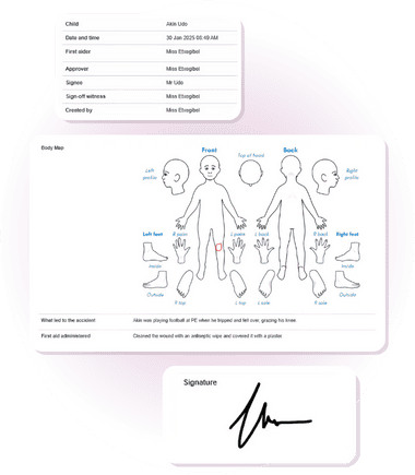 Tapestry Accidents screenshots, featuring the details, body map and digital signature