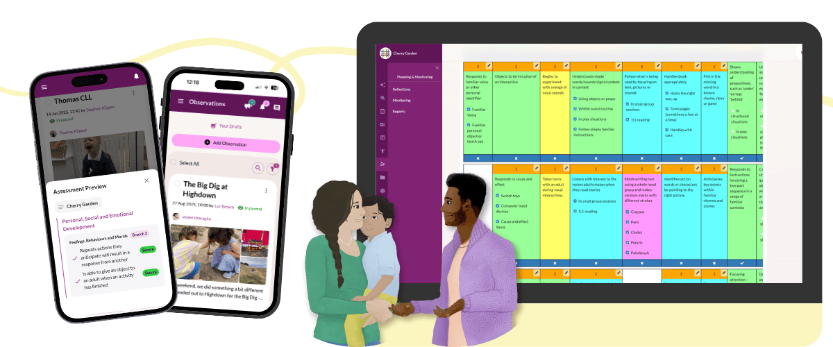 A young family speak to their school-based nursery key person. Next to them are screenshots of observations on Tapestry, along with a Cherry Garden framework for SEND assessment tracking screen.