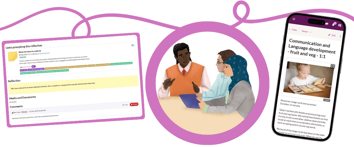 teachers and practitioners sit and discuss children's next steps using Tapestry's SEND assessment tools