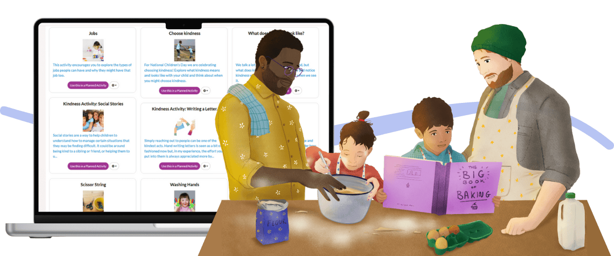 two dads make pancakes with their young children at home