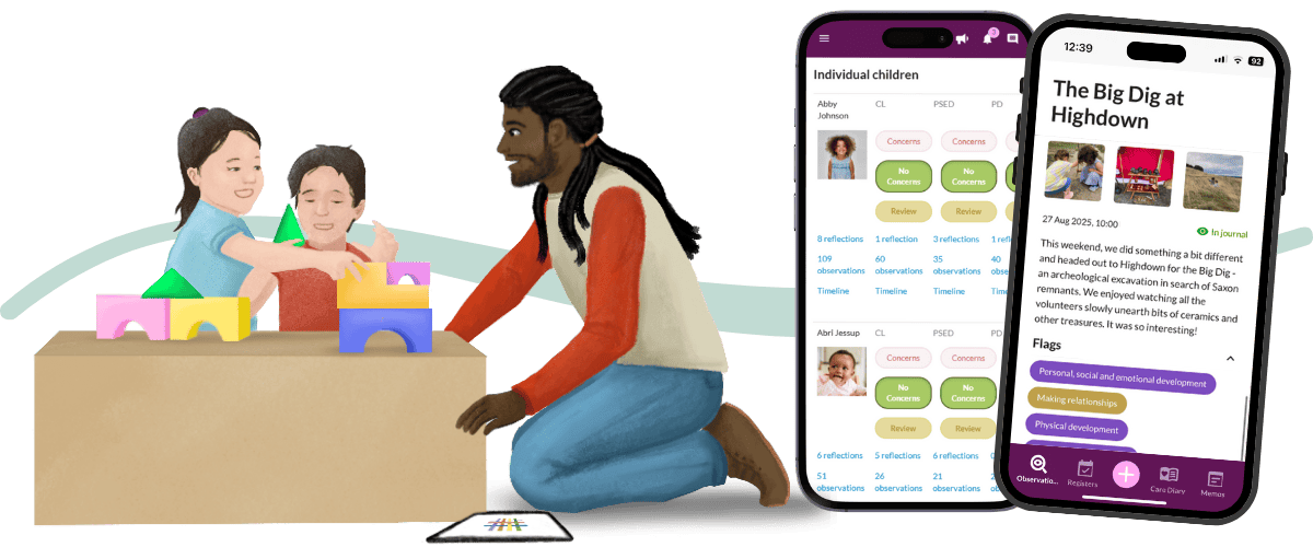 nursery practitioner playing with two children in early years setting