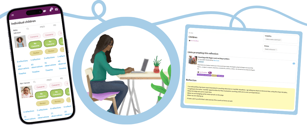 a childminder sits at a laptop, crafting their custom curriculum using Tapestry's Bespoke Frameworks feature