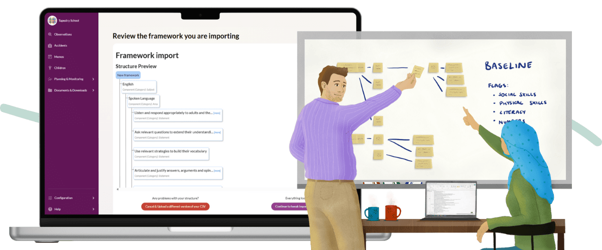 Two primary school teachers workshop their custom curriculum ready to upload to Tapestry