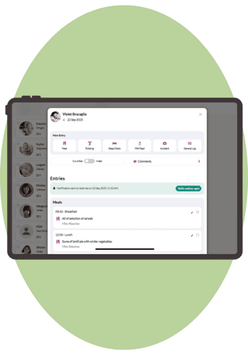Tapestry's Care Diary displayed on a tablet showing a child's care log for the day