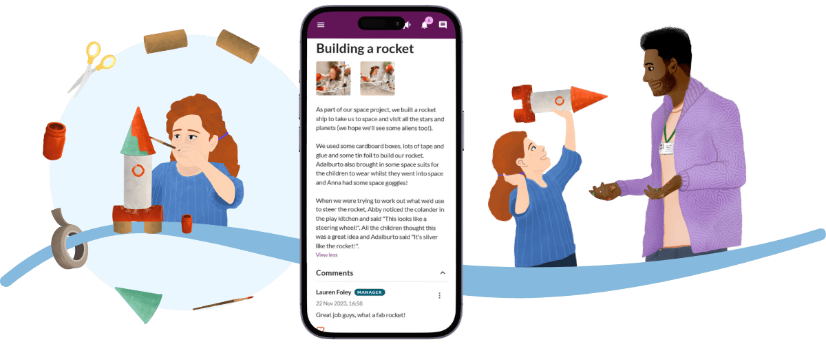 A key stage 2 child builds a rocket from Activity instructions on Tapestry, and presents the finished rocket to their teacher