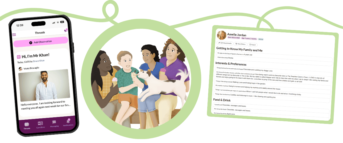 a family eat ice cream with their dog. Next to them are two screenshots showing a Tapestry Memo and a child's About Me page