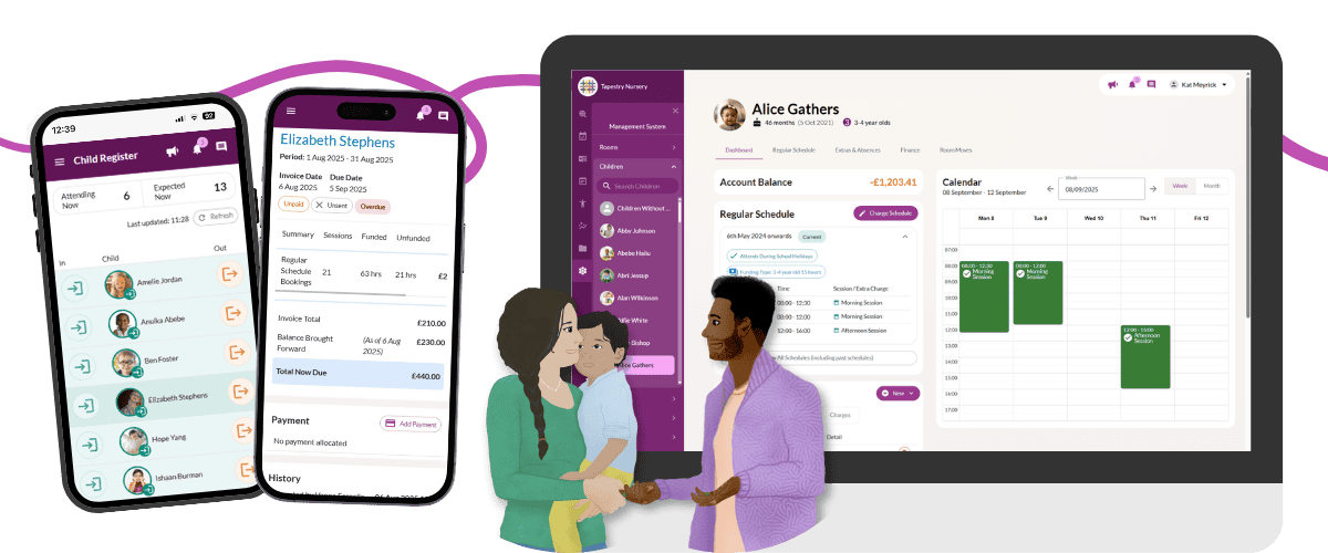 a dad stands with a childminder. Behind them are several devices showing Tapestry Invoices, Registers and Booking