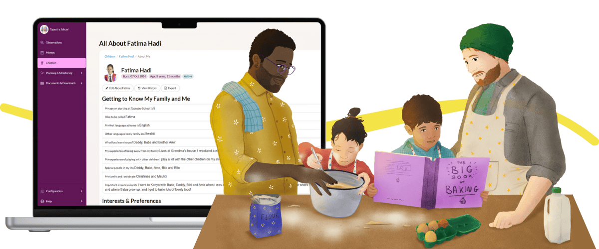 Two dads and their children make pancakes at home. Behind them a laptop show's their daughter's 'About Me' page on Tapestry