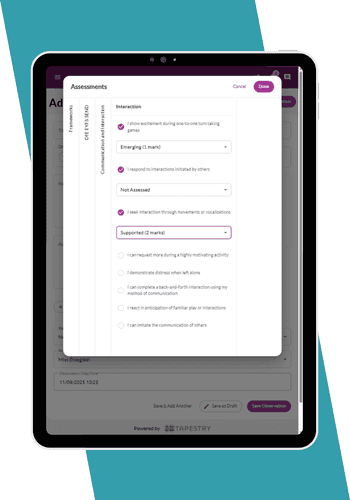 Tablet showing the Department for Education SEND Assessment Guidance on Tapestry's observation screen, open to add an assessment on communication and interaction