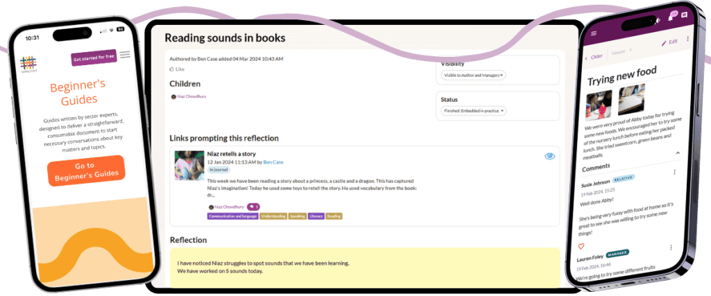 Various devices, showing a reflection on Tapestry, an observation for a child, and the Tapestry Educators' Hub on the website.